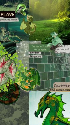 a collage of green and red images with flowers, plants, and other things