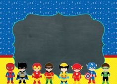 a group of superheros standing in front of a chalkboard