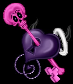 a skeleton holding a key in the shape of a heart