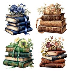 four books with flowers and ribbons on them