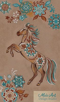 a drawing of a horse with flowers and leaves on it's back side, in front of a brown background