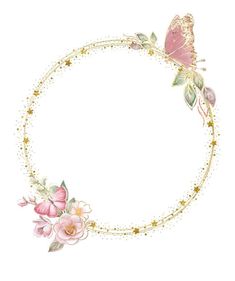 a circular frame with pink flowers and gold stars on the edges is shown in this watercolor