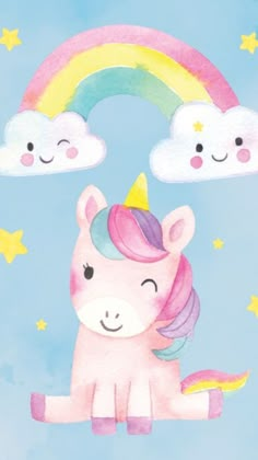 a watercolor painting of a pink unicorn sitting under a rainbow with clouds and stars