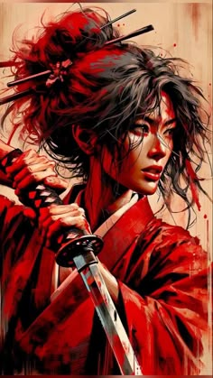 Female Samurai Art, Female Samurai, Red Kimono, Geisha Art, Red And Beige, Female Art Painting, Samurai Art, Japanese Tattoo Art