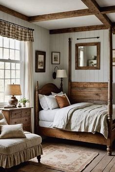 a bed room with a neatly made bed next to a window and a chair in front of it