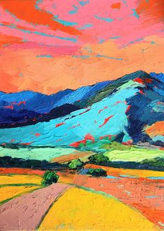 an abstract painting of mountains and fields with oranges, yellows, and blue