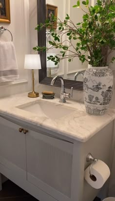 a white bathroom sink sitting under a mirror next to a green plant in a vase