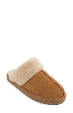 Cozy faux-shearling adds warmth and comfort to an easy mule slipper that features a sturdy rubber sole so you can wear it across campus or anywhere you like. 1" heel; 3/4" platform Leather upper/acrylic and polyester faux-fur lining/rubber sole Imported BP. Shoes Cozy Shearling Slip-on Slippers, Slide Slipper, Womens Slippers, Mule, Cinnamon, Faux Fur, Rubber Sole, Leather Upper, Wear It