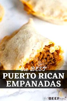 the best puerto rican empanadas recipe on a white plate with text overlay