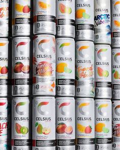 many cans of celsius are stacked on top of each other