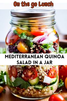 a glass jar filled with salad on top of a wooden cutting board next to tomatoes, cucumbers and lettuce