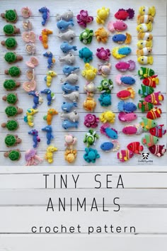 tiny sea animal crochet patterns are displayed on a white board with text that reads tiny sea animals crochet pattern