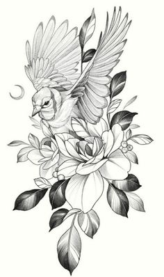 a black and white drawing of a bird with flowers