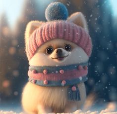 a small dog wearing a hat and scarf in the snow