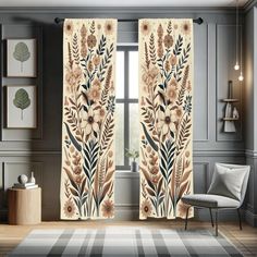 the curtains are decorated with flowers and leaves