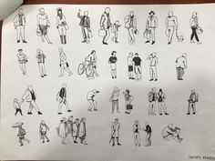 a drawing of people standing and sitting in different positions on a piece of white paper