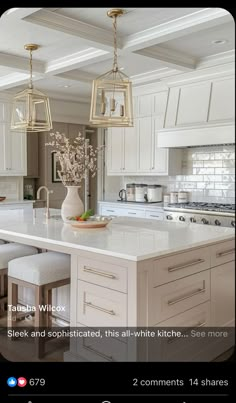 the kitchen is clean and ready to be used for cooking or eating, with all white cabinets