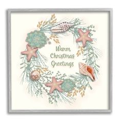 a christmas card with seashells and starfish on the front, says warm christmas greeting