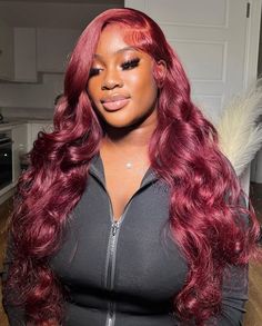 Cherry Red Wig, Red Hair Styles, Frontal Wig Install, Bombshell Curls, Dark Cherry Red, Red Hair Color Ideas, Cherry Red Hair, Braided Hairstyles For Black Women Cornrows