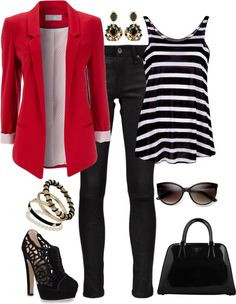 Black & White with a splash of red. Full Outfits, Casual Dressing, Stylish Blazer, Blazer Outfit, Red Blazer, Church Outfits, Party Outfits, Blazer Outfits