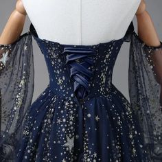 Prom Dresses Space Theme, Celestial Prom Dress Blue, Starry Prom Dresses, Celestial Wedding Dress Blue, Midnight Blue And Gold Dress, Starry Ball Gown, Space Themed Prom Dress, Night Sky Prom Dress, Space Prom Dress