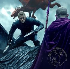 a man in a purple cape standing on top of a rock next to an image of a dragon