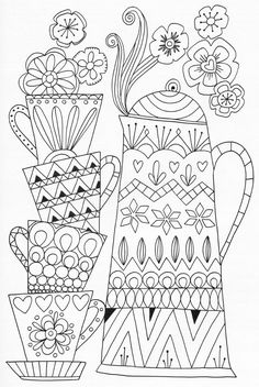 a coloring page with flowers and vases on it