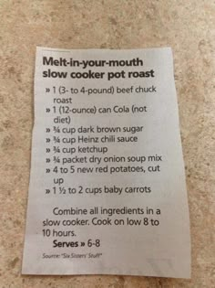 the instructions for how to make a slow cooker pot roast recipe on a paper towel