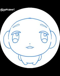 a drawing of an anime character with big eyes and no hair, in a white circle