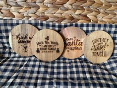 Set of 4 Christmas coasters, wooden round, laser etched Wooden Rounds, Coasters Wooden, Duluth Mn, Christmas Coasters, Laser Etching, Deck The Halls, Etching, Ornament Decor, Coasters