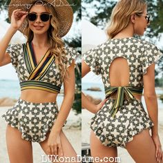 Retro High-waist Bikini Set Open Back Ruffled Bottom 2-piece Swimsuit – Luxury on a Dime Unique Swimsuits For Women, Swimsuit Luxury, Vintage Inspired Swimwear, Retro Swimsuit, Modest Swimsuits, Green Swimsuit, Luxury Swimwear, Ruffle Swimsuit, 2 Piece Swimsuits