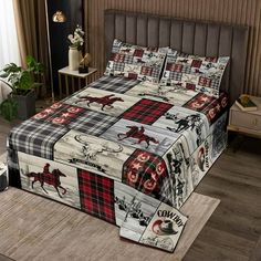 the bed is made with plaid and horses on it