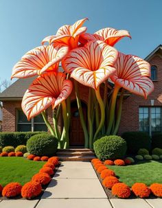 large orange flowers in front of a house