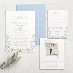 the wedding stationery is laid out on a white surface with blue and green accents