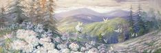 an oil painting of flowers and trees in the mountains