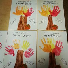 four children's handprints with the words fall into jesus written on them