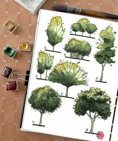 an open notebook with trees drawn on it next to some markers and pencils,