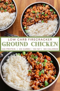 three pans filled with ground chicken and rice on top of a wooden table in front of