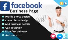 facebook business page with man pointing to the side and icons on it, including thumbnails