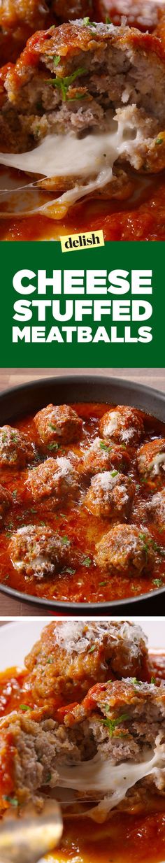 three different views of cheese stuffed meatballs