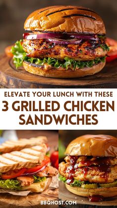 three grilled chicken sandwiches with lettuce, tomato and onion on them in front of