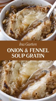 Ina Garten Onion & Fennel Soup Gratin Ina Garten French Onion Soup, Fennel Soup, Toasted Bread, Hearty Meal, Hearty Meals, Caramelized Onions, Fennel, Onions, Soup Recipes