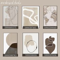 four different types of abstract art prints on a beige background with white and brown accents