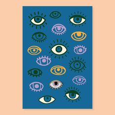 an eye poster with many different colors and shapes on the front, in blue background