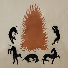 the silhouettes of various animals are depicted in this drawing, including an orange and black fire