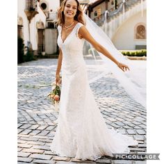 a woman in a wedding dress is posing for the camera