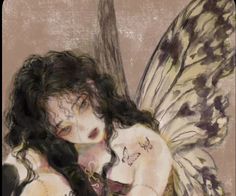 a painting of a woman with butterfly wings on her chest and arm, hugging another woman's shoulder