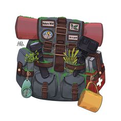 an image of a backpack with plants growing out of it and other items around it