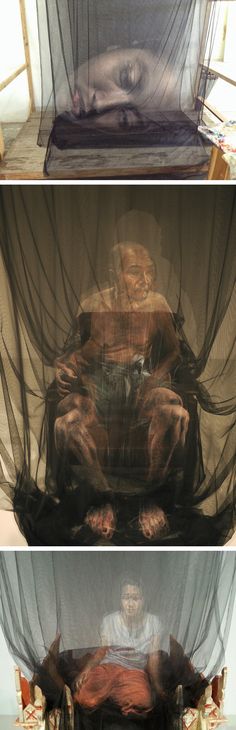 three different images of the same person sitting in a chair with mosquito netting over them