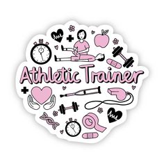 a sticker with the words athletic trainer surrounded by icons